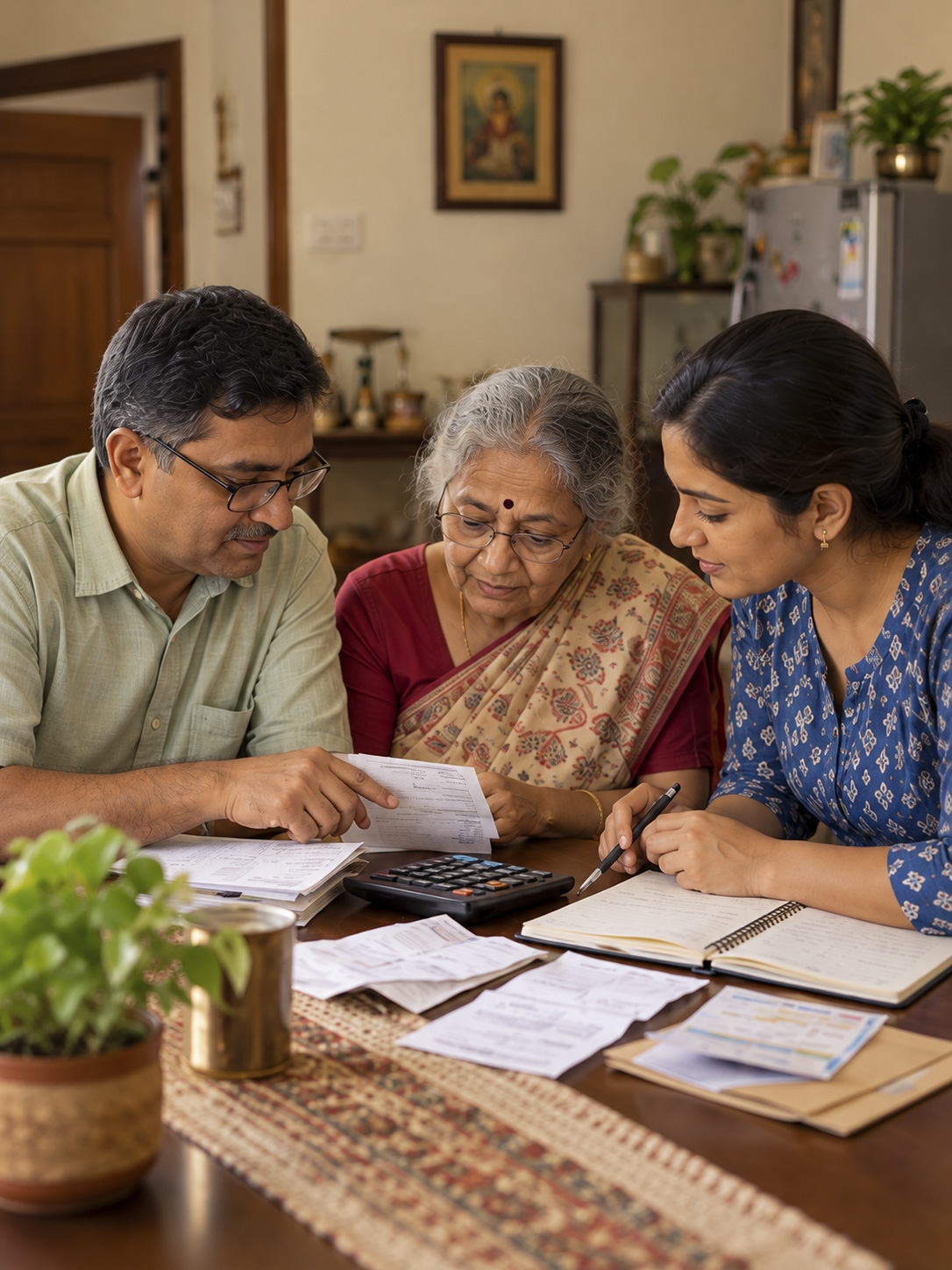 A family reviewing household expenses together at a dining table